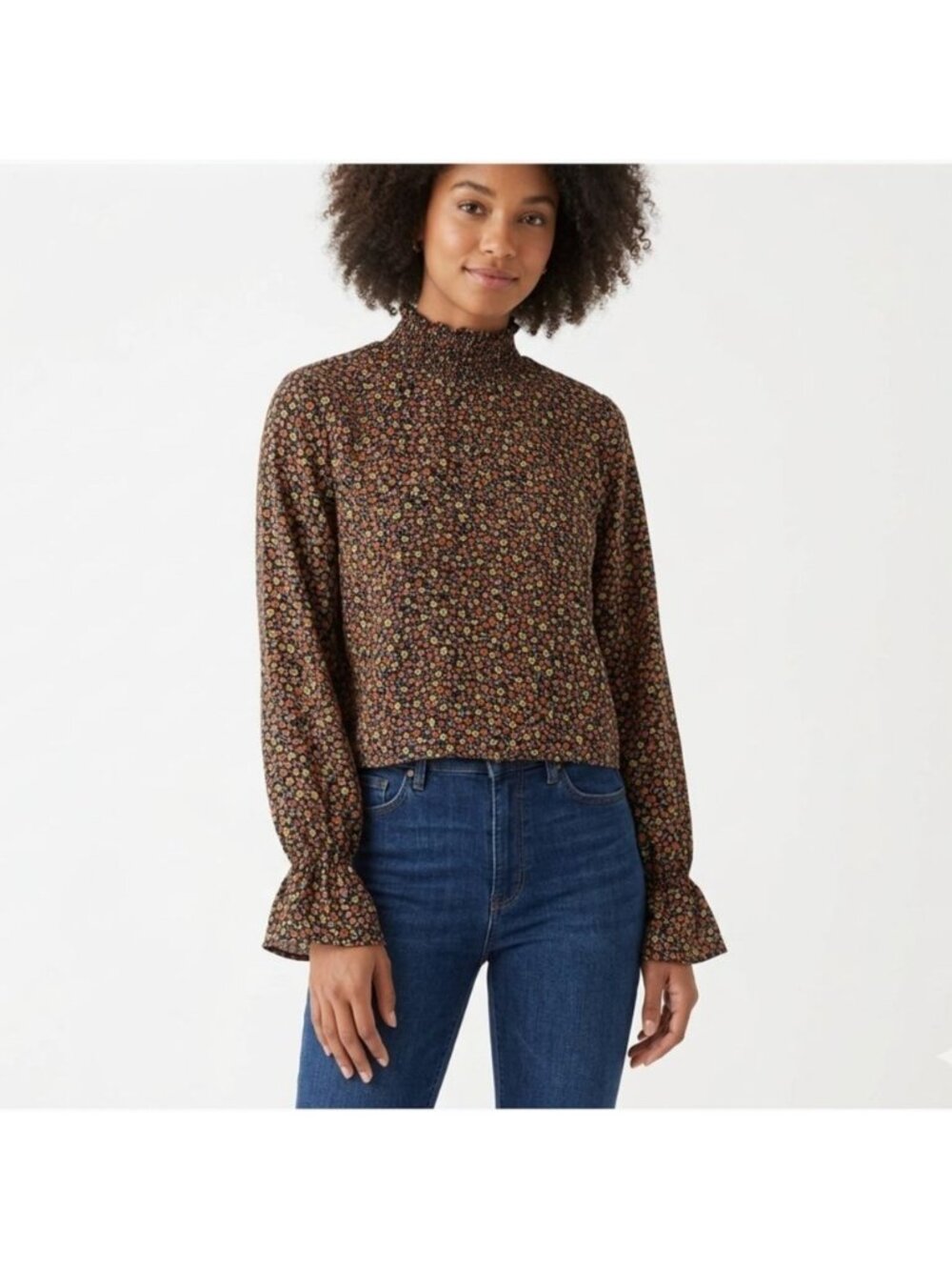 Twik Par Simons Black Floral Long Sleeve Smocked High Neck Top Women Size XS